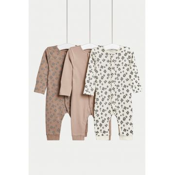Set de pijamale cu model floral - 3 piese - Alb/Maro deschis/Gri inchis