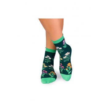 Sosete bumbac de lungime medie - model floral - Verde Inchis - Multicolor