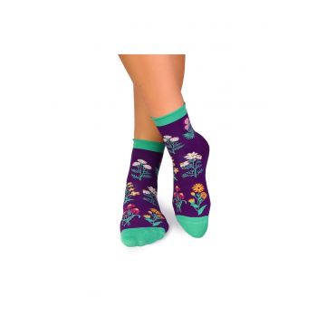 Sosete bumbac de lungime medie - model floral - Violet