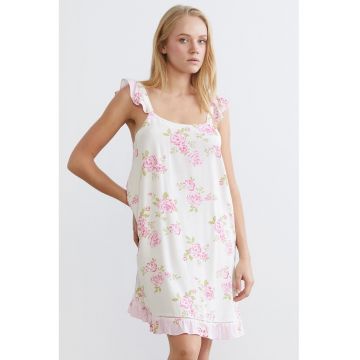 Camasa de noapte cu decolteu patrat - Fucsia/Alb murdar