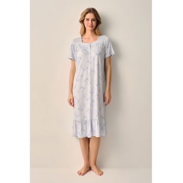Camasa de noapte cu insertii din dantela si imprimeu - Albastru