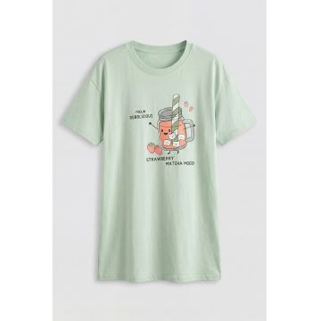 Camasa de noapte din bumbac cu imprimeu grafic - Verde pal