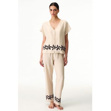 Camasa de pijama cu decolteu in V si maneci scurte - Crem