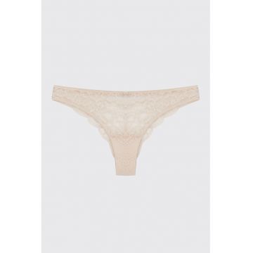Chiloti tanga de dantela - Bej inchis