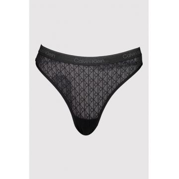 Chiloti tanga din dantela cu banda logo - Negru