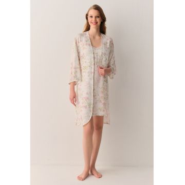 Halat cu maneci trei sferturi si model floral - Roz deschis/Bej deschis
