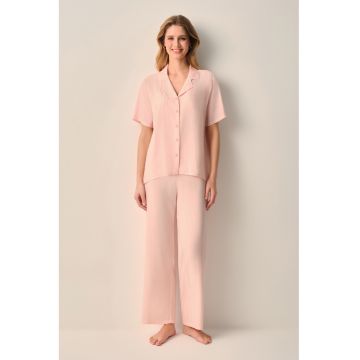 Pijama cu broderie florala si dungi - Alb/Roz somon