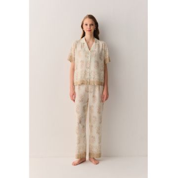 Pijama cu croiala lejera si model - Bej/Roz/Verde persan