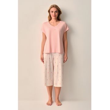 Pijama cu decolteu in V si imprimeu floral - Roz bombon/Bej deschis