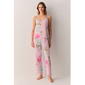 Pijama cu garnituri din dantela si imprimeu floral - Roz deschis/Albastru deschis