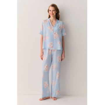 Pijama cu imprimeu floral - Piersica/Albastru deschis