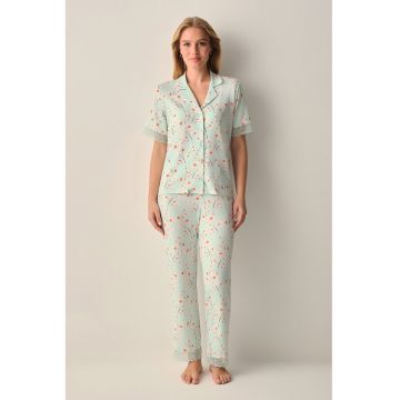 Pijama cu imprimeu floral si garnituri din dantela - Rosu/Roz/Verde menta