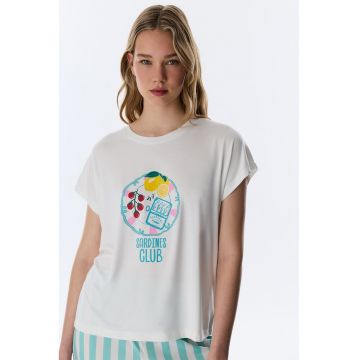 Pijama cu imprimeu si maneci scurte - Alb/Turcoaz inchis