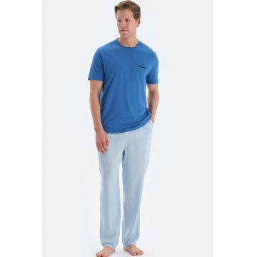 Pijama cu imprimeu text discret - Albastru