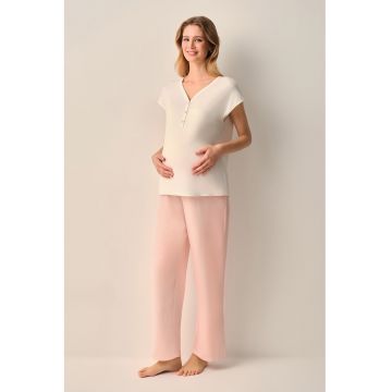 Pijama cu maneci scurte - pentru gravide - Alb/Roz