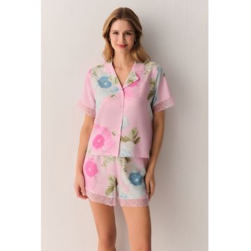 Pijama cu maneci scurte si imprimeu floral - Roz deschis/Albastru deschis