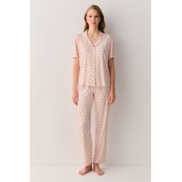 Pijama cu maneci scurte si imprimeu floral - Roz pastel