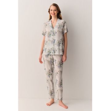 Pijama cu model floral Larisa - Gri cenusiu/Albastru safir