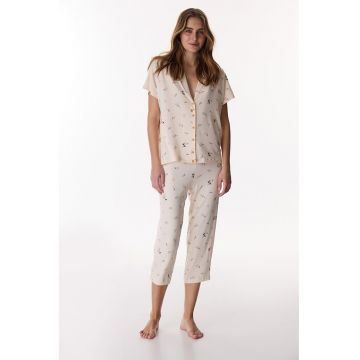 Pijama cu model floral si pantaloni trei sferturi - Bej deschis