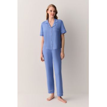 Pijama cu pantaloni lungi si buzunar pe piept - Albastru cobalt