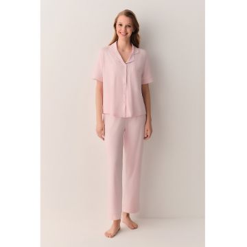 Pijama cu pantaloni lungi si buzunar pe piept - Roz pastel