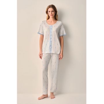 Pijama cu pantaloni lungi si imprimeu floral - Alb murdar/Albastru