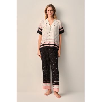 Pijama cu pantaloni lungi si model - Alb/Negru/Roz