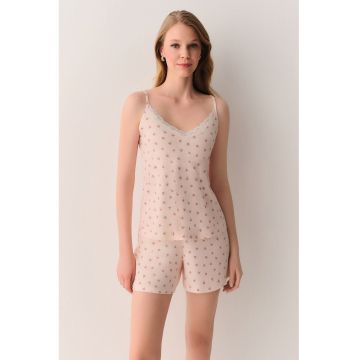 Pijama cu pantaloni scurti si imprimeu floral - Bej