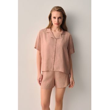 Pijama cu pantaloni scurti si model tropical - Maro taupe