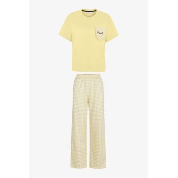 Pijama cu talie elastica si model in carouri - Galben pal