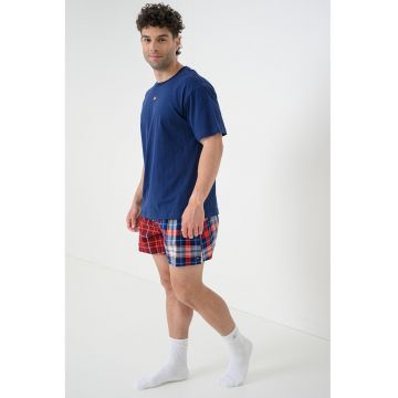 Pijama de bumbac cu pantaloni scurti si banda cu logo in talie - Rosu/Albastru inchis