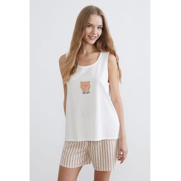 Pijama de bumbac cu pantaloni scurti si imprimeu - Alb/Roz somon