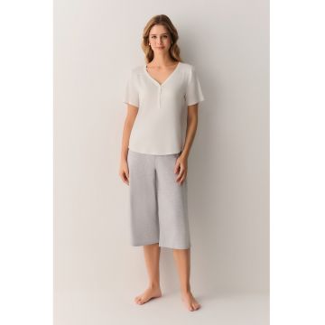 Pijama din amestec de bumbac cu decolteu in V - Alb fildes/Gri deschis melange