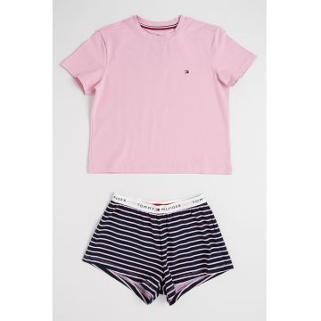 Pijama din amestec de bumbac cu pantaloni scurti - Roz prafuit/Bleumarin