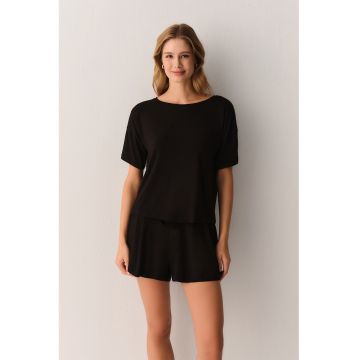 Pijama din amestec de modal cu pantaloni scurti - Negru