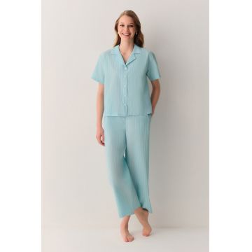 Pijama din bumbac cu dungi - Turcoaz