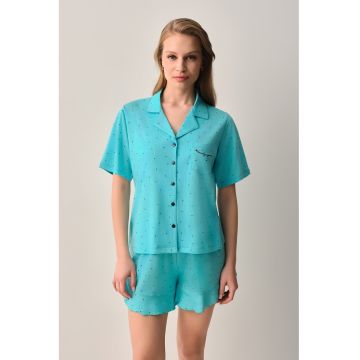 Pijama din bumbac cu imprimeu buline - Turcoaz inchis