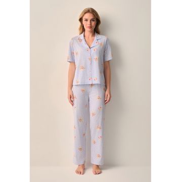 Pijama din bumbac cu imprimeu - Verde/Albastru azur/Roz