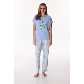 Pijama din bumbac cu model - Alb/Verde smarald/Albastru azur