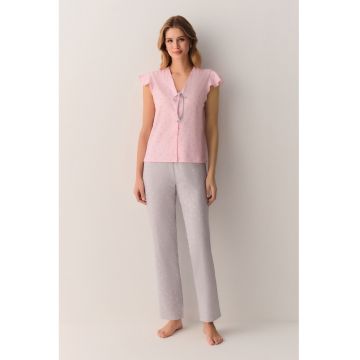 Pijama din bumbac cu model inimi - Gri/Roz deschis