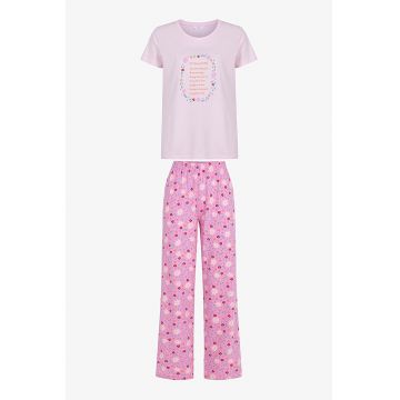 Pijama din bumbac cu pantaloni lungi si imprimeu floral - Roz pastel/Lila