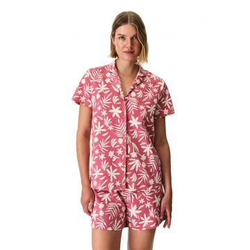 Pijama din bumbac cu pantaloni scurti si model floral - Roz pastel/Alb murdar