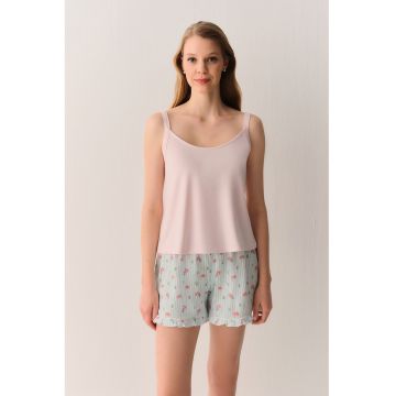 Pijama din bumbac cu pantaloni scurti - Turcoaz/Roz pal