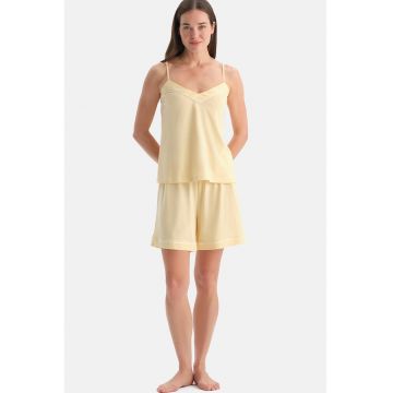 Pijama din bumbac si modal cu bretele inguste - Galben pai