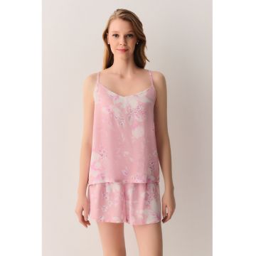 Pijama fara maneci cu imprimeu floral - Roz deschis