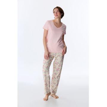 Pijama lunga cu decolteu in V - Roz pastel/Bej