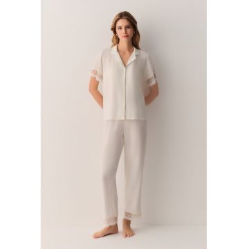 Pijama lunga cu insertii din dantela - Alb