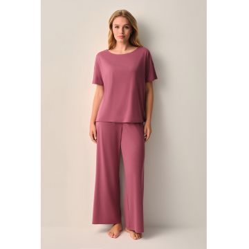 Pijama lunga cu model uni - Roz prafuit