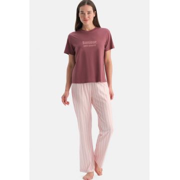 Pijama regular fit cu maneci scurte - Alb/Roz