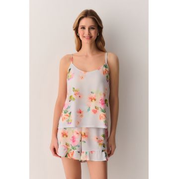 Pijama scurta cu imprimeu floral - Piersica/Albastru pal